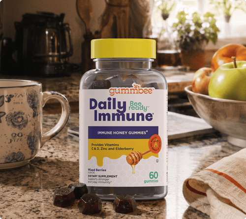 Bee Ready immune honey gummies bottle on a kitchen counter