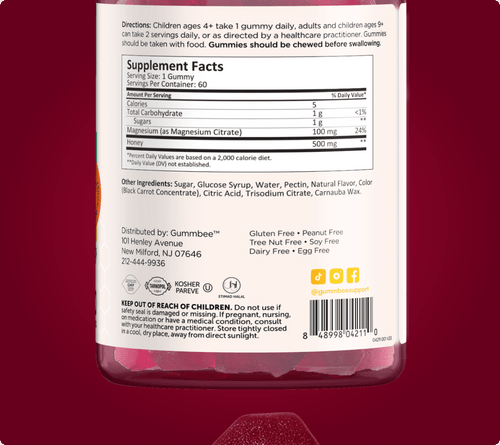Supplement facts label for Bee Strong multivitamin honey gummies