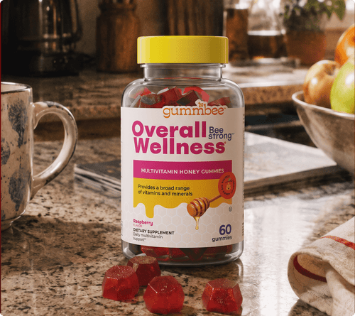 Bee Strong multivitamin honey gummies bottle on a kitchen counter
