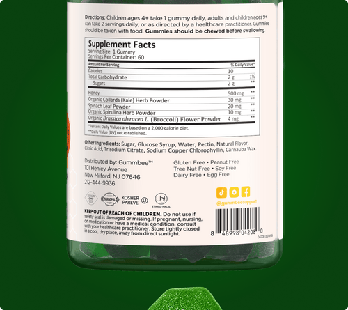 Supplement facts label for Bee Vibrant greens honey gummies
