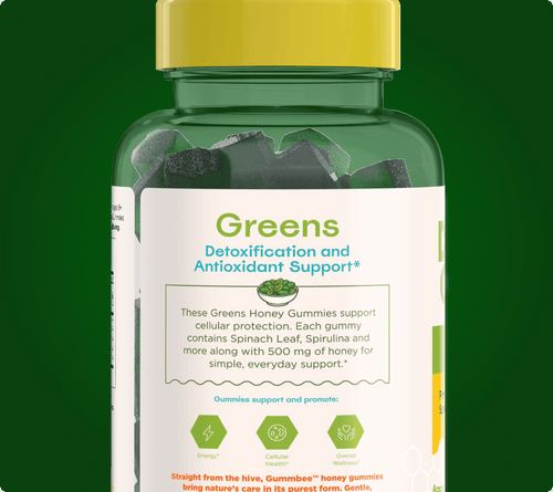 Bee Vibrant greens honey gummies bottle