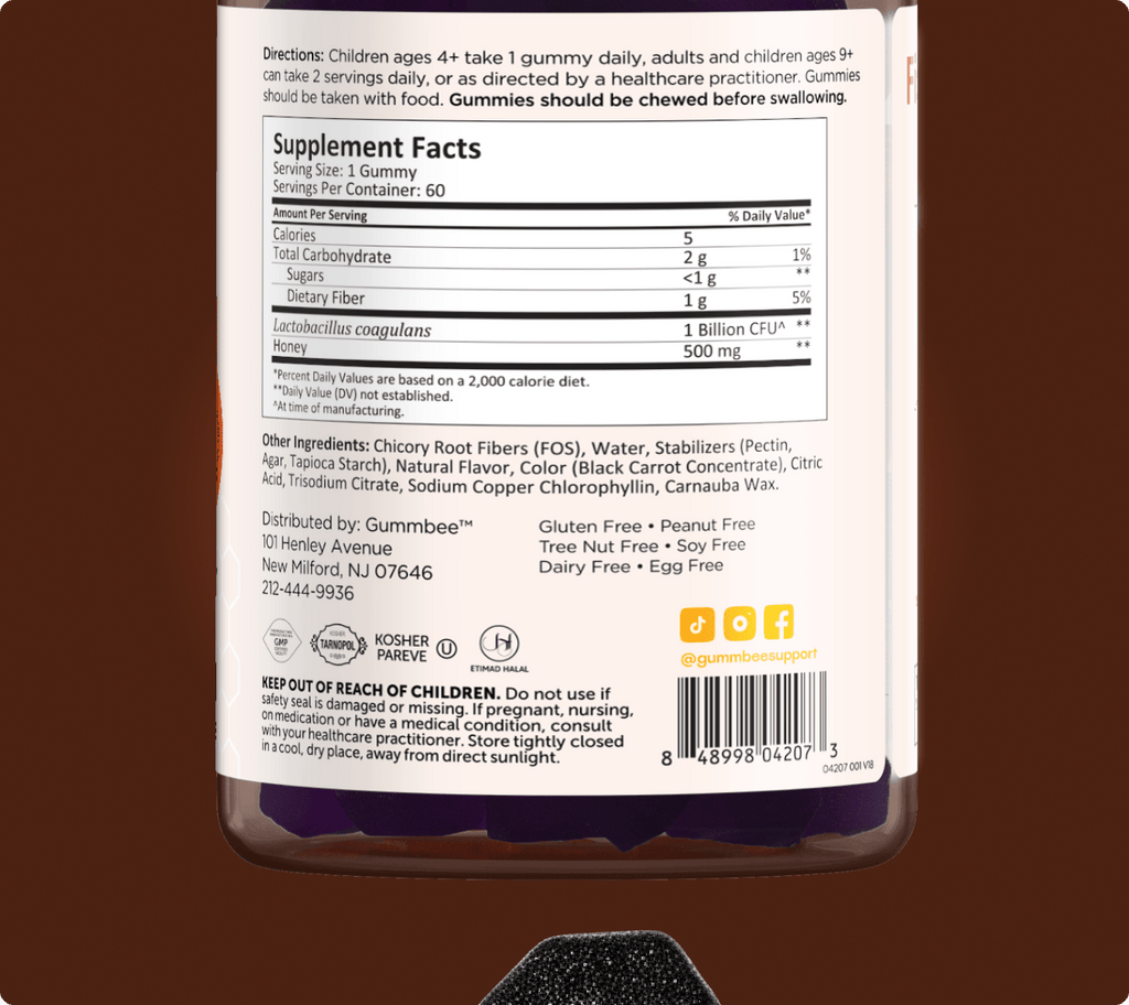 Supplement facts label for Bee Healthy fiber and probiotic honey gummies