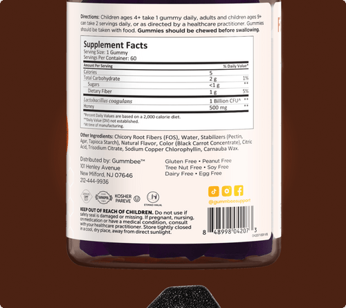 Supplement facts label for Bee Healthy fiber and probiotic honey gummies