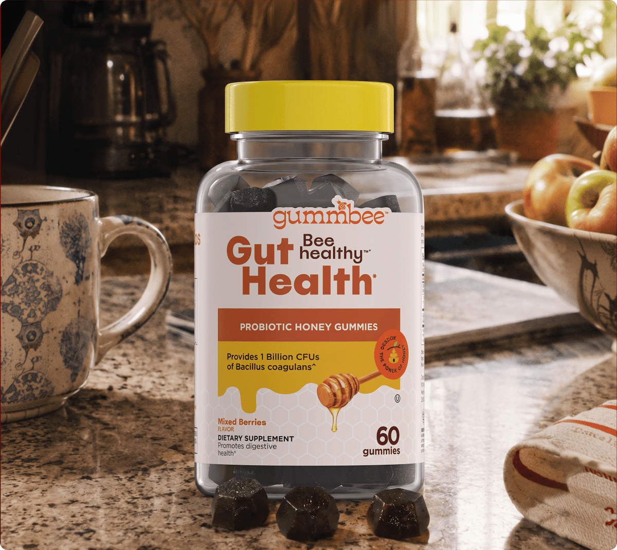Bee Healthy fiber and probiotic honey gummies bottle on a kitchen counter