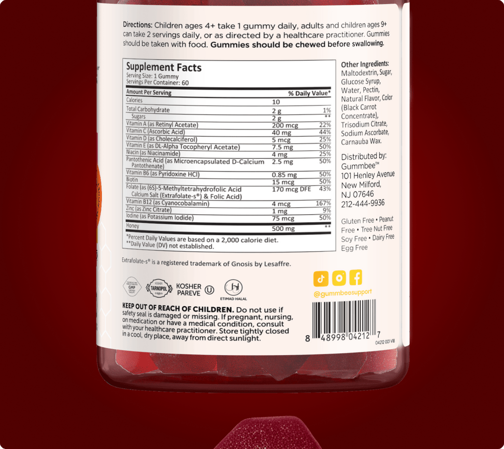 Supplement facts label for Bee Radiant hair, skin and nails honey gummies