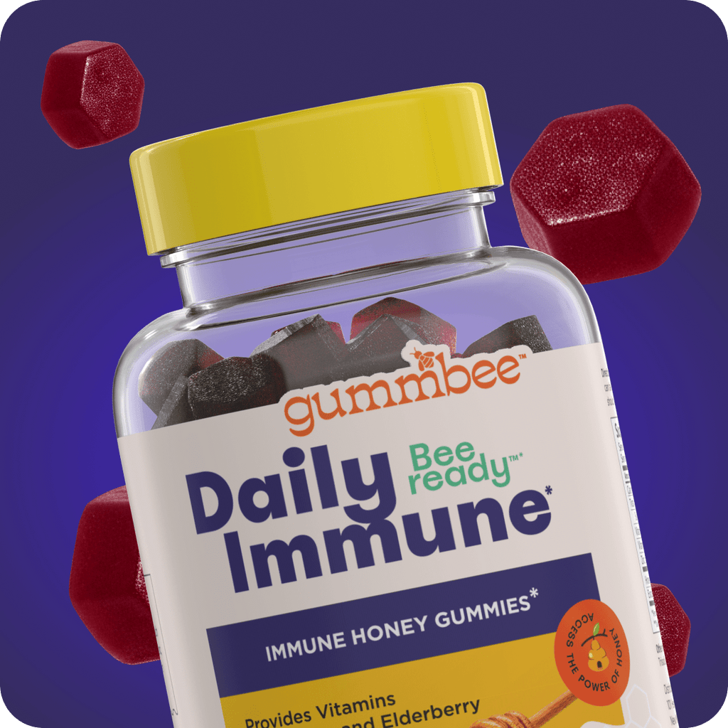 Front of the Bee Ready immune honey gummies bottle