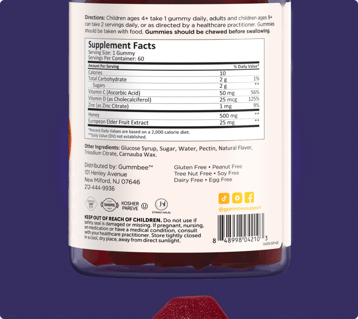 Supplement facts label for Bee Ready immune honey gummies