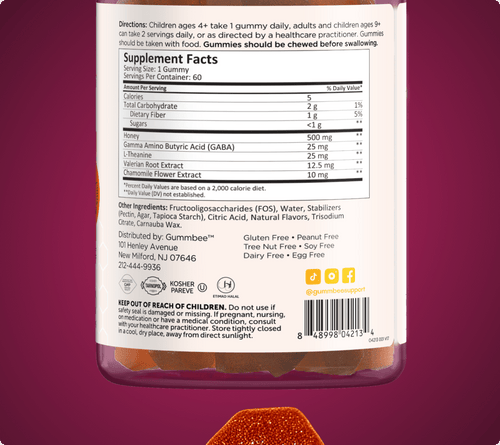 Supplement facts label for Bee Restful sleep honey gummies