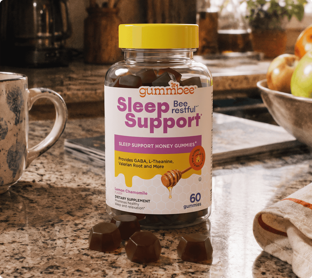 Bee Restful sleep honey gummies bottle on a kitchen counter