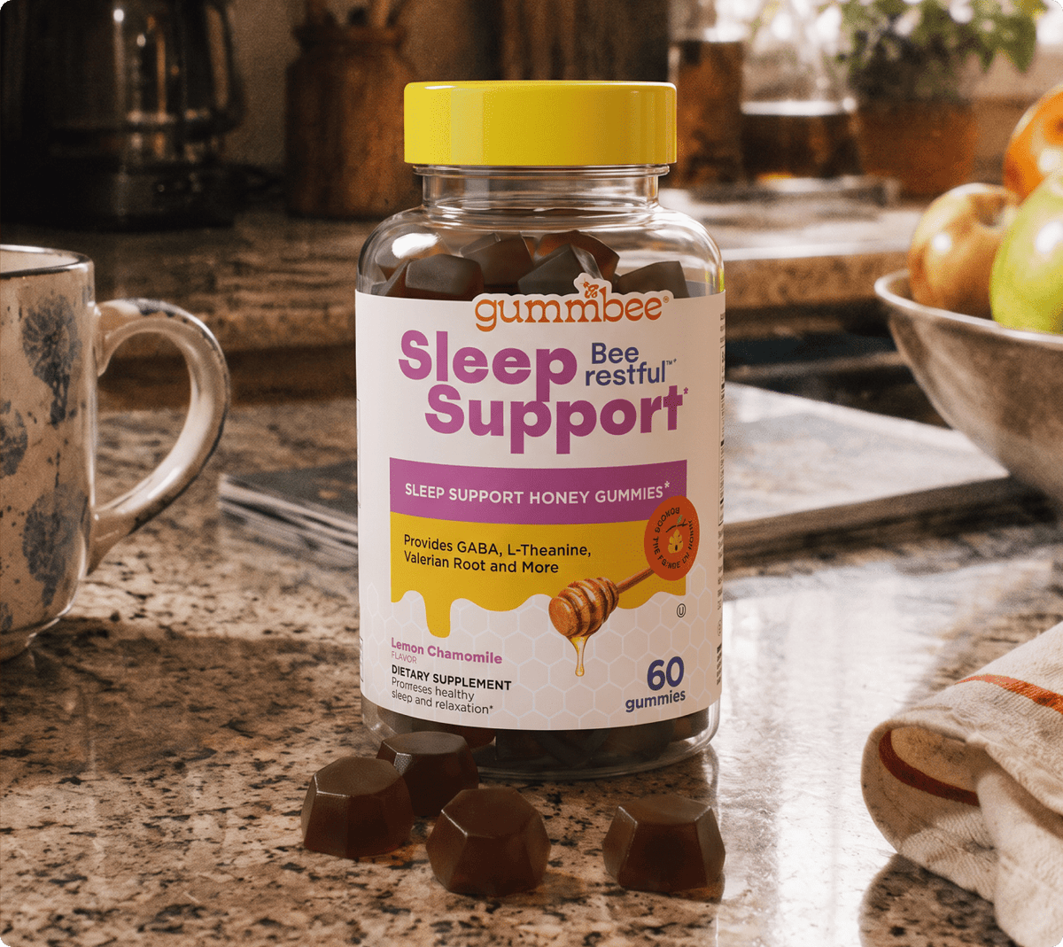 Bee Restful sleep honey gummies bottle on a kitchen counter