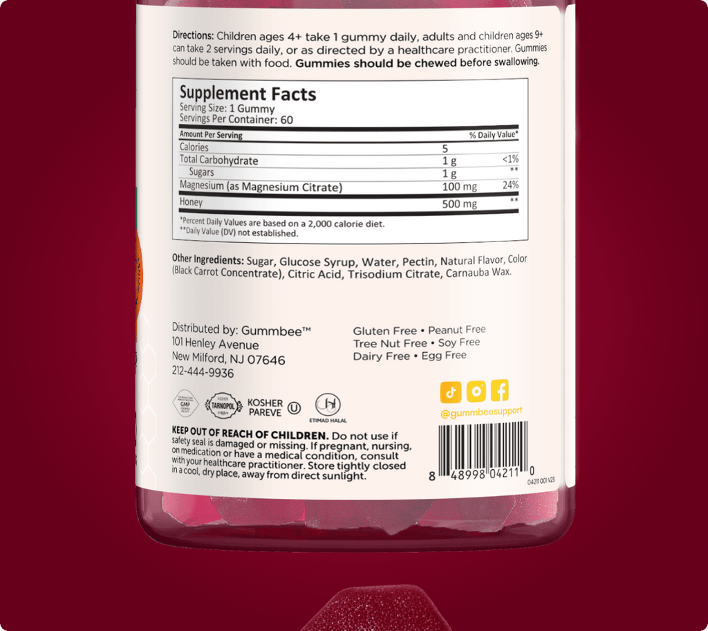 Supplement facts label for Bee Strong multivitamin honey gummies