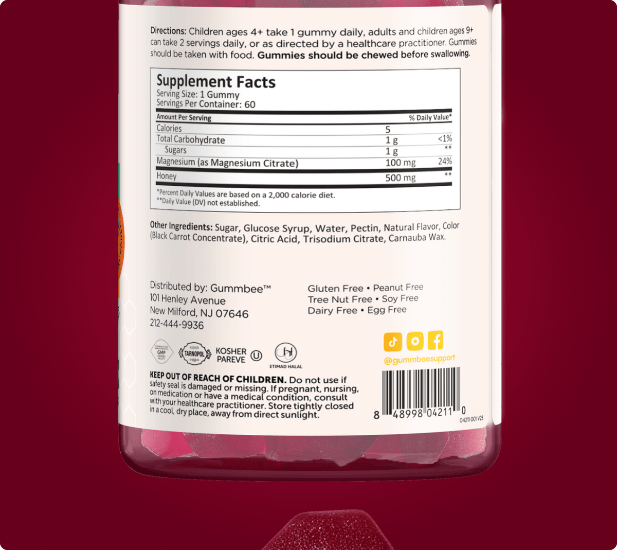 Supplement facts label for Bee Strong multivitamin honey gummies