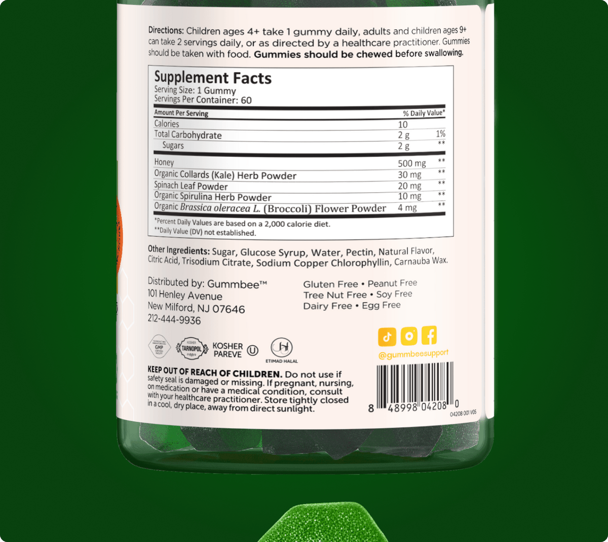 Supplement facts label for Bee Vibrant greens honey gummies