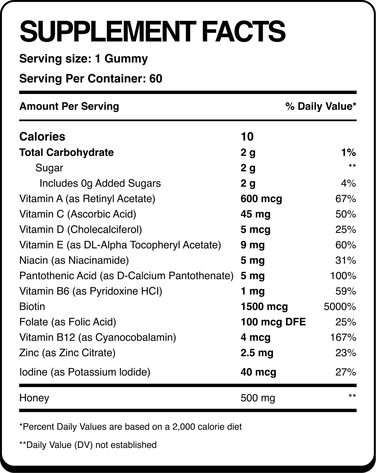 Supplement facts for Bee Radiant hair, skin and nails honey gummies